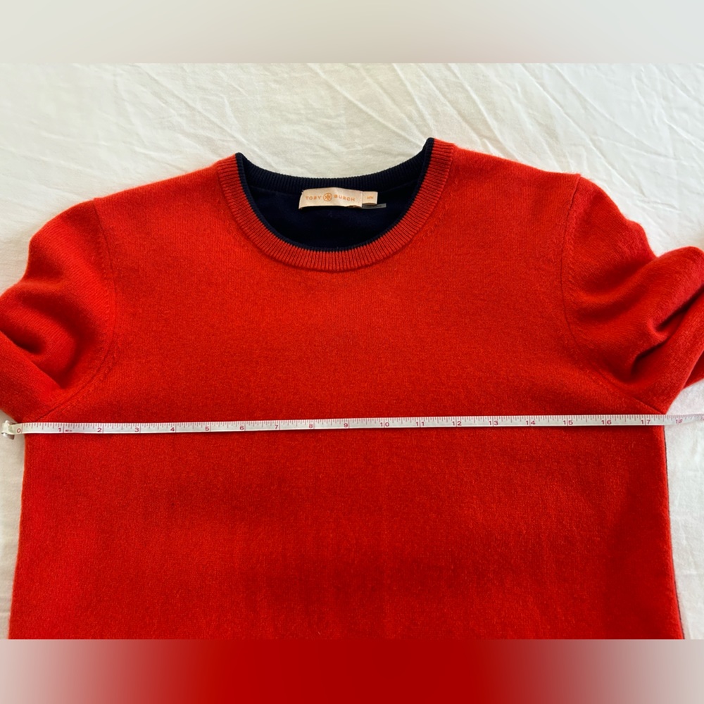 $378 Tory Burch Women Cashmere Pullover Red/Tory Navy size M - Picture 16 of 16